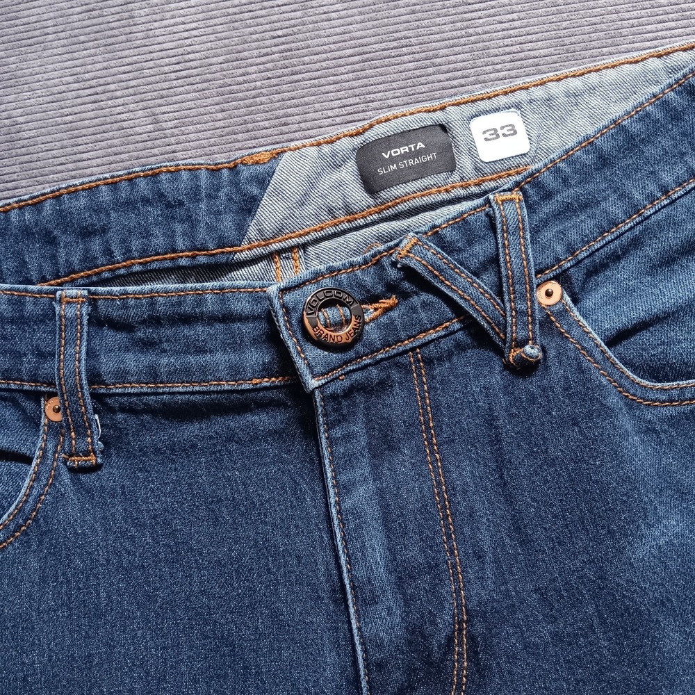 Volcom Vorta Jeans Mens 33 Blue Denim Slim Straight Leg Button Skater (*34x31)